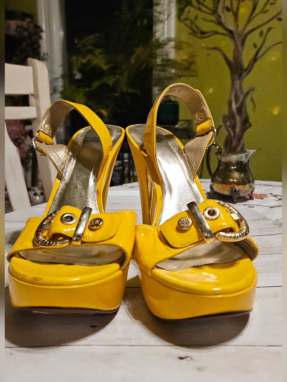 Stuart Weitzman Yellow Patent Platform Slingback Heels